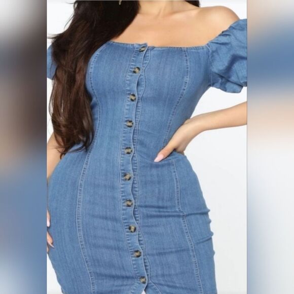 Blushe L  Boho OffShoulder Puff Sleeve Button Front Bodycon MiniDress LightDenim - Picture 3 of 11